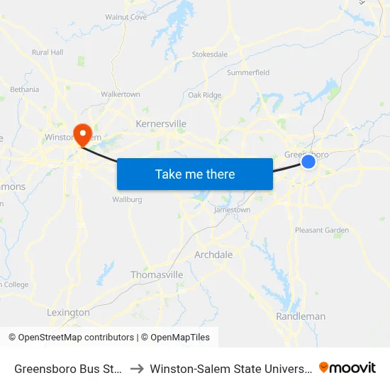 Greensboro Bus Stop to Winston-Salem State University map