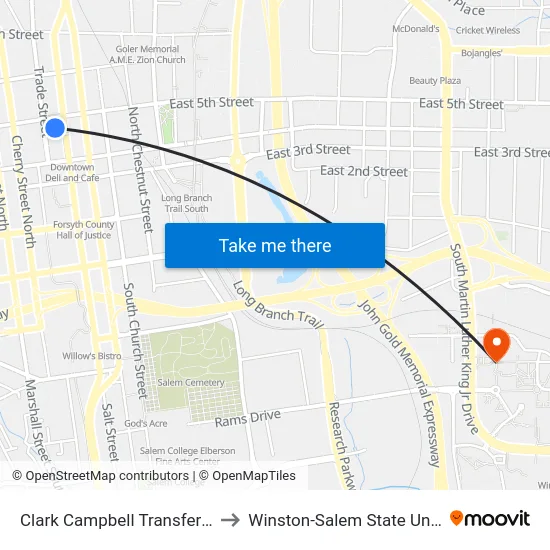 Clark Campbell Transfer Center to Winston-Salem State University map