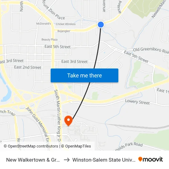 New Walkertown & Graham to Winston-Salem State University map