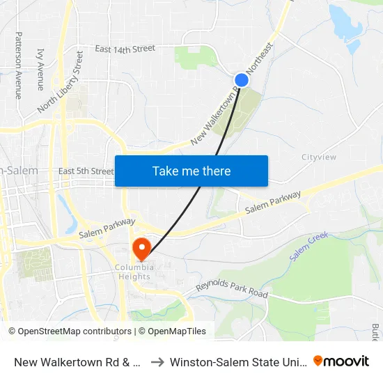 New Walkertown Rd & 14th St to Winston-Salem State University map