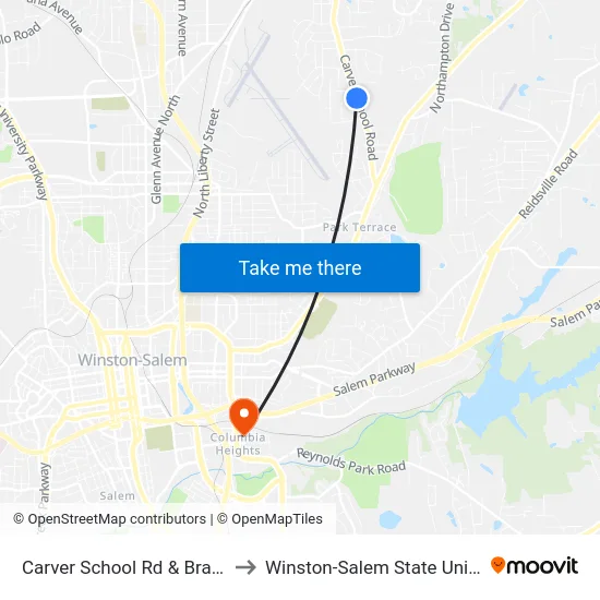 Carver School Rd & Branch Dr to Winston-Salem State University map