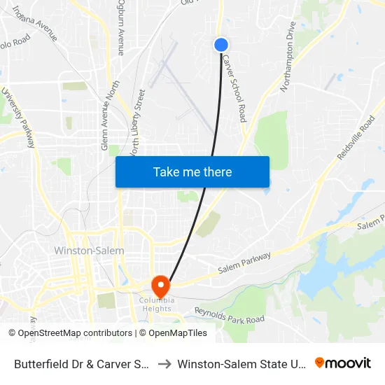 Butterfield Dr & Carver School Rd to Winston-Salem State University map