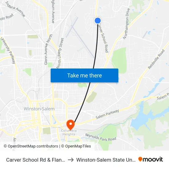 Carver School Rd & Flanders Dr to Winston-Salem State University map