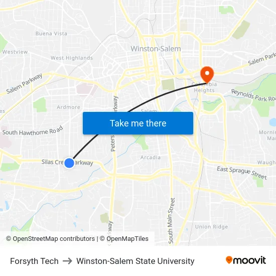 Forsyth Tech to Winston-Salem State University map