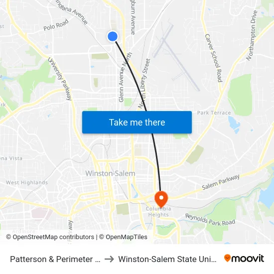 Patterson & Perimeter Point to Winston-Salem State University map