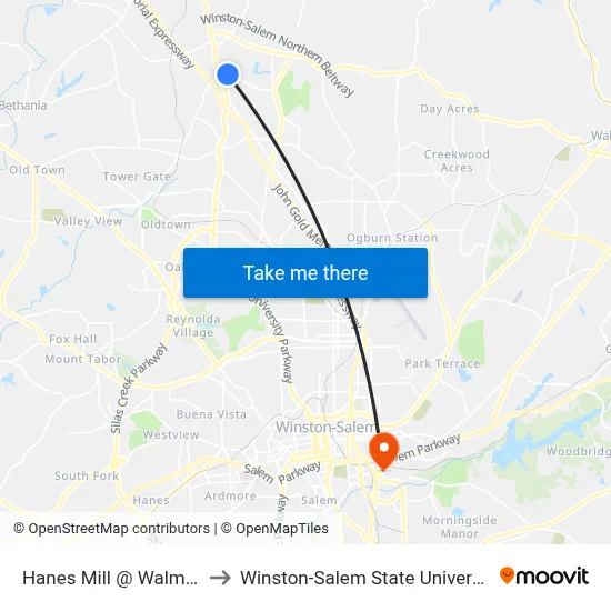 Hanes Mill @ Walmart to Winston-Salem State University map