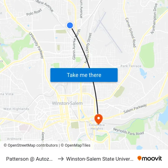 Patterson @ Autozone to Winston-Salem State University map