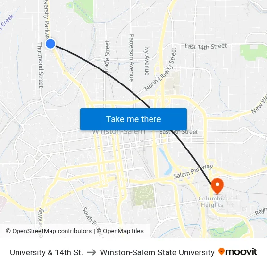 University & 14th St. to Winston-Salem State University map