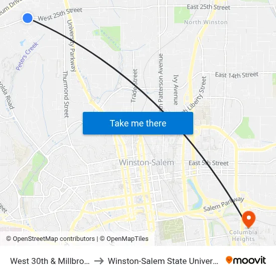 West 30th & Millbrook to Winston-Salem State University map