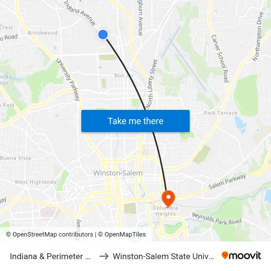 Indiana & Perimeter Point to Winston-Salem State University map