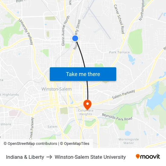 Indiana & Liberty to Winston-Salem State University map