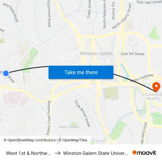 West 1st  & Northwest to Winston-Salem State University map