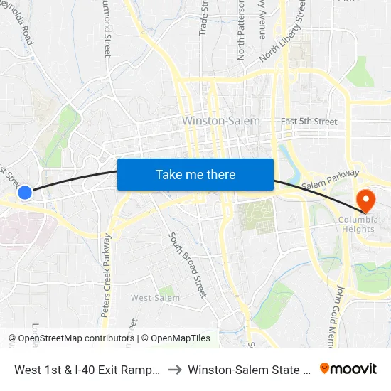 West 1st & I-40 Exit Ramp (Nearside) to Winston-Salem State University map