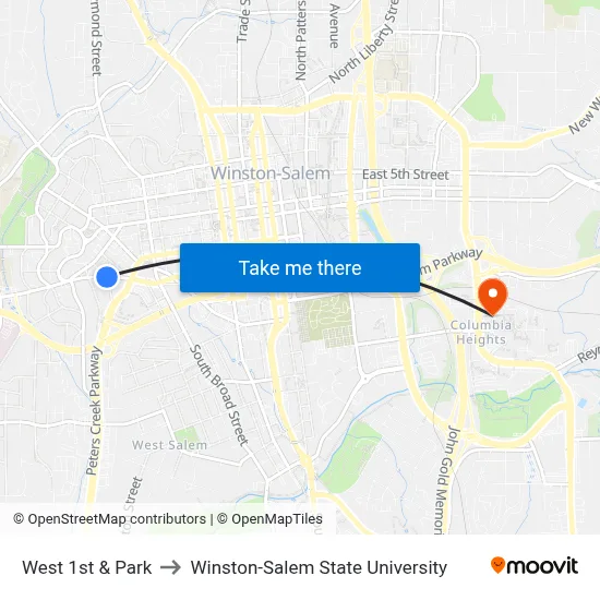 West 1st & Park to Winston-Salem State University map