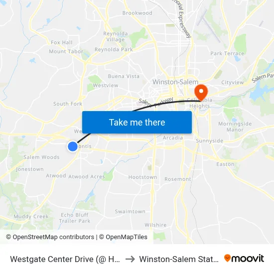 Westgate Center Drive (@ Hanes Mall Blvd) to Winston-Salem State University map