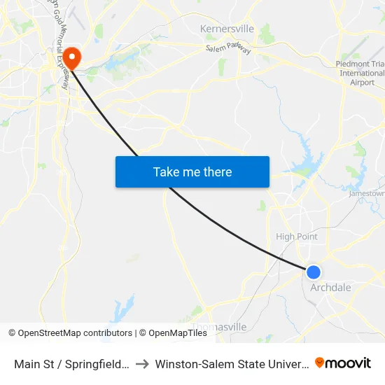 Main St / Springfield Rd to Winston-Salem State University map