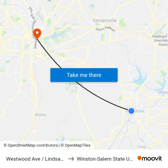 Westwood Ave / Lindsay St (Ob) to Winston-Salem State University map
