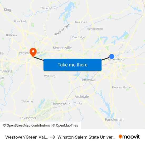 Westover/Green Valley to Winston-Salem State University map