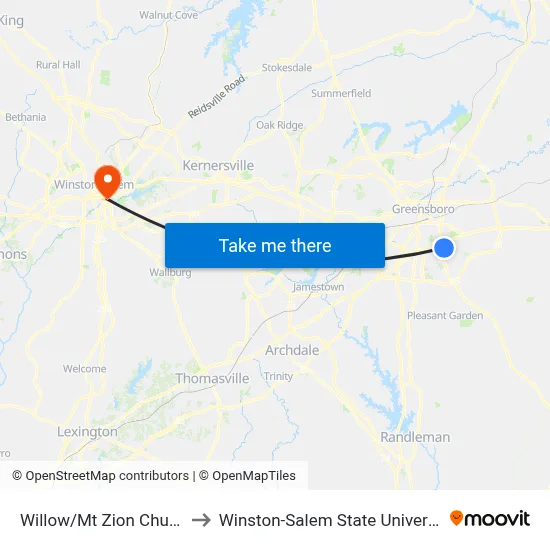 Willow/Mt Zion Church to Winston-Salem State University map