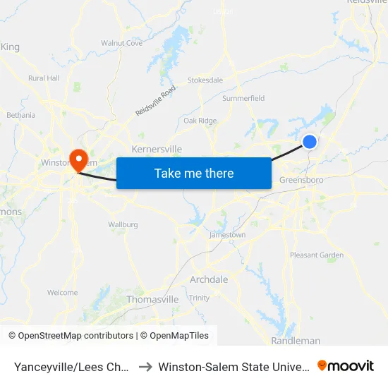 Yanceyville/Lees Chapel to Winston-Salem State University map