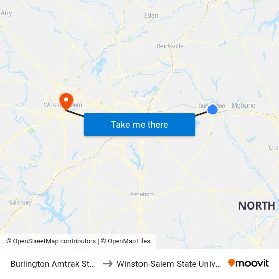 Burlington Amtrak Station to Winston-Salem State University map