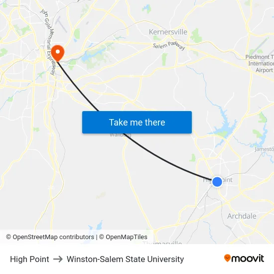 High Point to Winston-Salem State University map