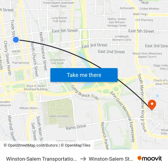 Winston-Salem Transportation Center (A1 Or A2) to Winston-Salem State University map