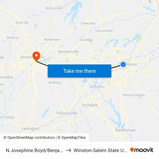 N Josephine Boyd/Benjamin (Ob) to Winston-Salem State University map