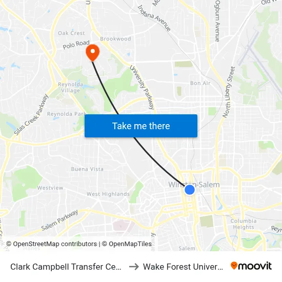 Clark Campbell Transfer Center to Wake Forest University map