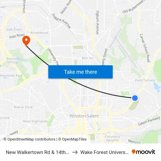 New Walkertown Rd & 14th St to Wake Forest University map