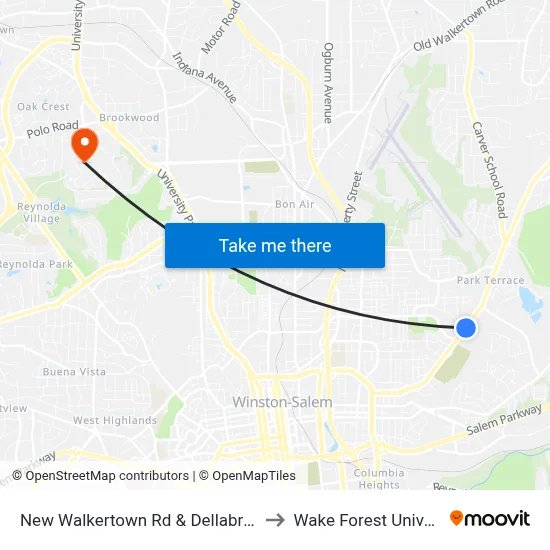 New Walkertown Rd & Dellabrook Rd to Wake Forest University map