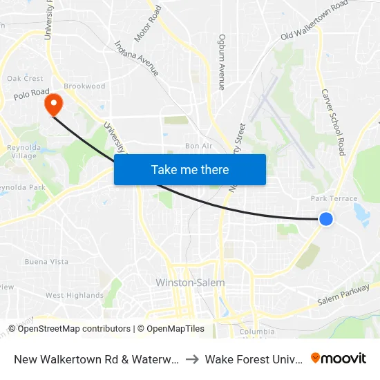 New Walkertown Rd & Waterworks Rd to Wake Forest University map