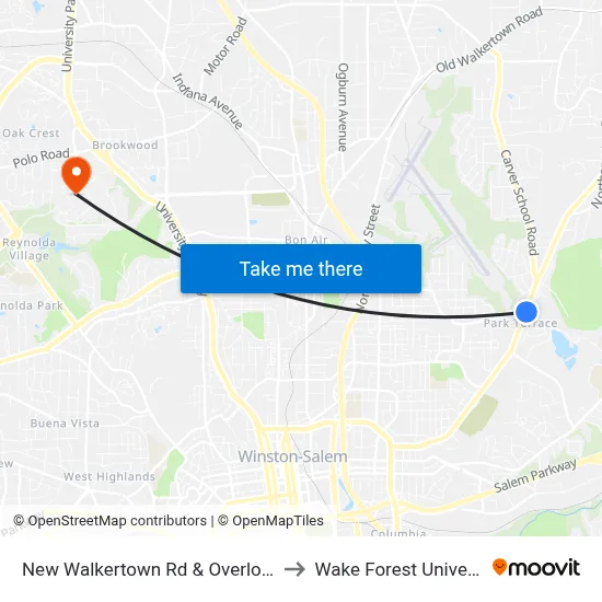 New Walkertown Rd & Overlook Dr to Wake Forest University map
