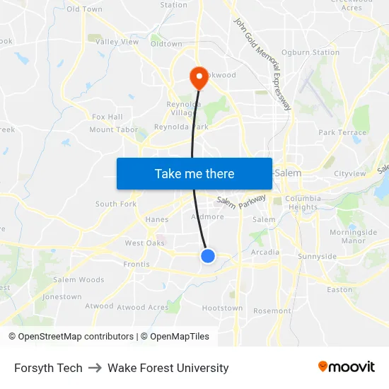 Forsyth Tech to Wake Forest University map