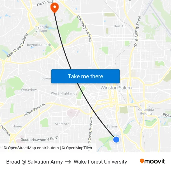 Broad @ Salvation Army to Wake Forest University map