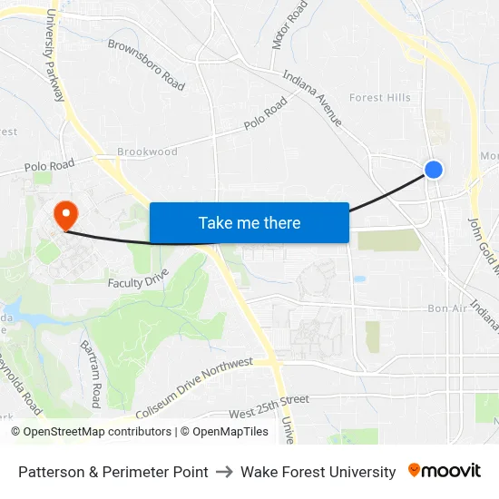 Patterson & Perimeter Point to Wake Forest University map