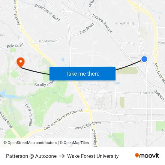 Patterson @ Autozone to Wake Forest University map