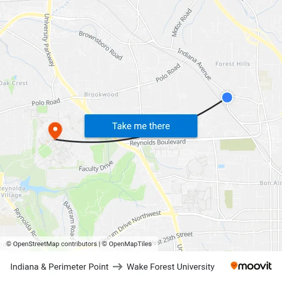 Indiana & Perimeter Point to Wake Forest University map