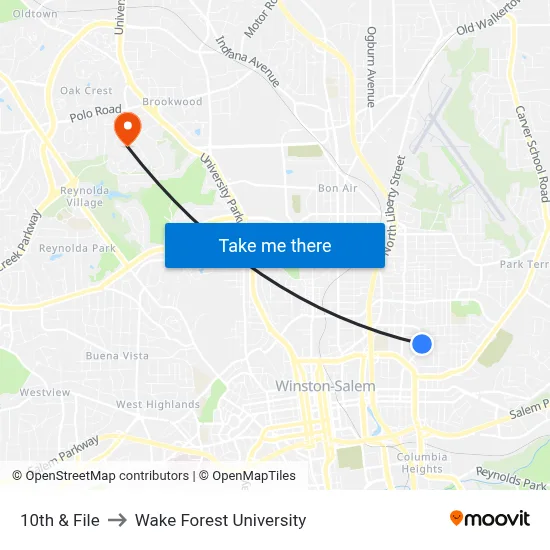 10th & File to Wake Forest University map