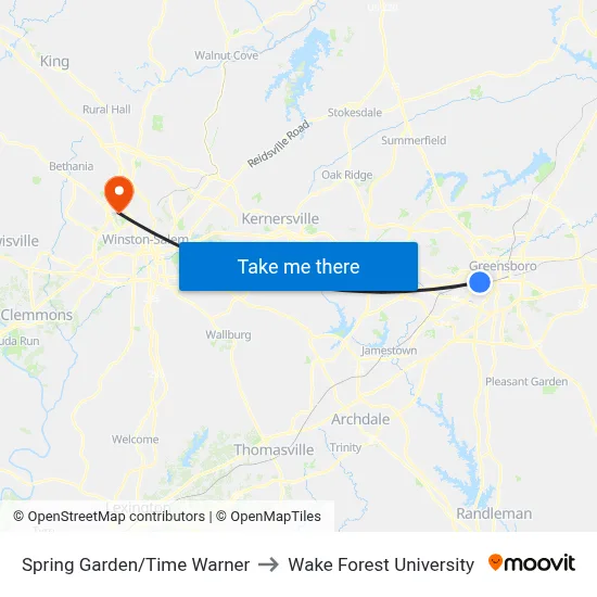 Spring Garden/Time Warner to Wake Forest University map