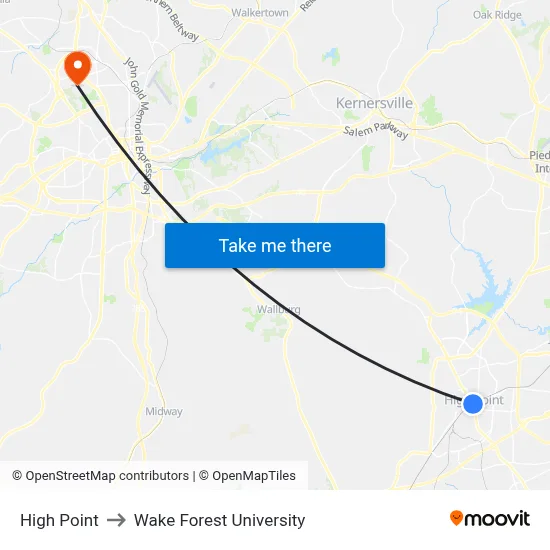 High Point to Wake Forest University map