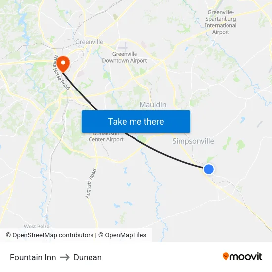 Fountain Inn to Dunean map
