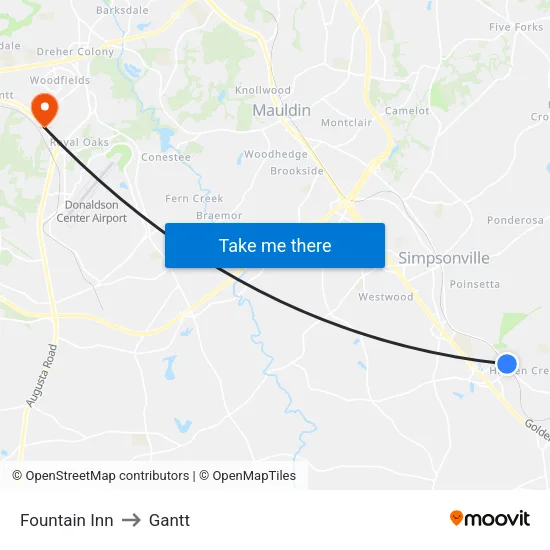 Fountain Inn to Gantt map