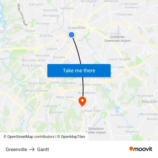 Greenville to Gantt map