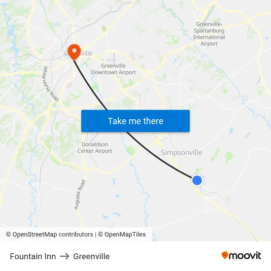 Fountain Inn to Greenville map