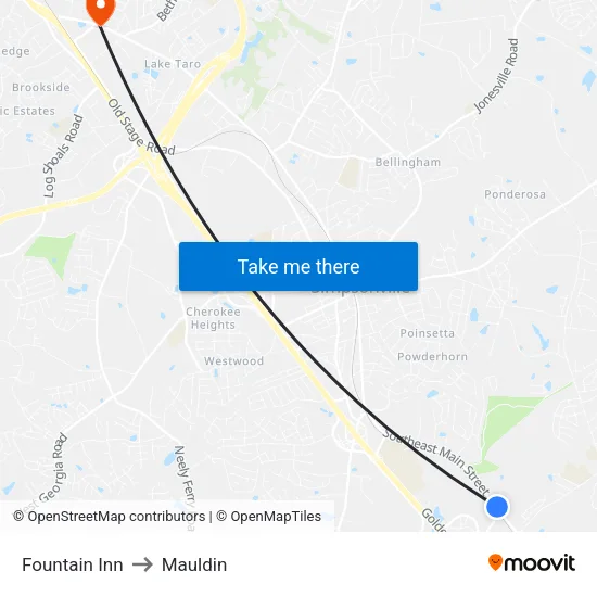 Fountain Inn to Mauldin map