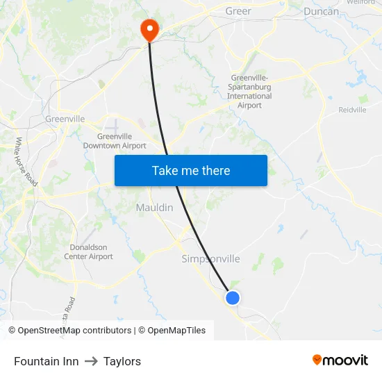 Fountain Inn to Taylors map