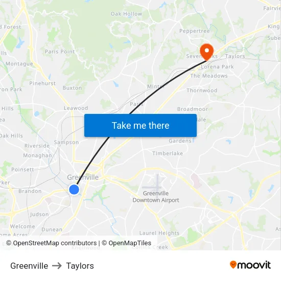 Greenville to Taylors map