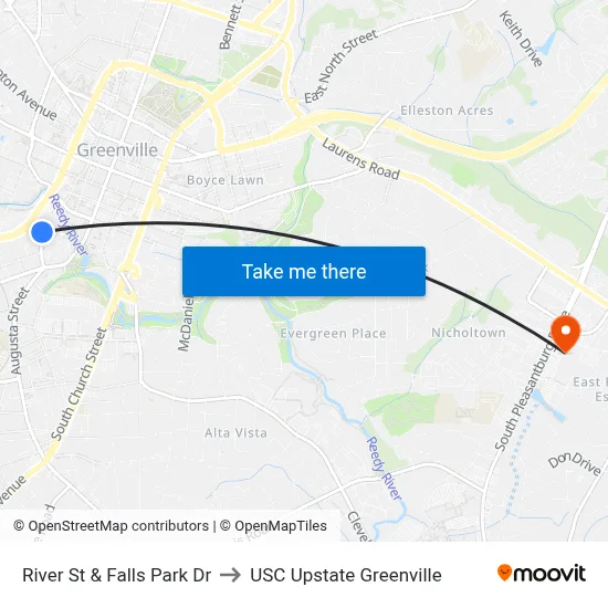 River St & Falls Park Dr to USC Upstate Greenville map