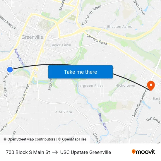 700 Block S Main St to USC Upstate Greenville map